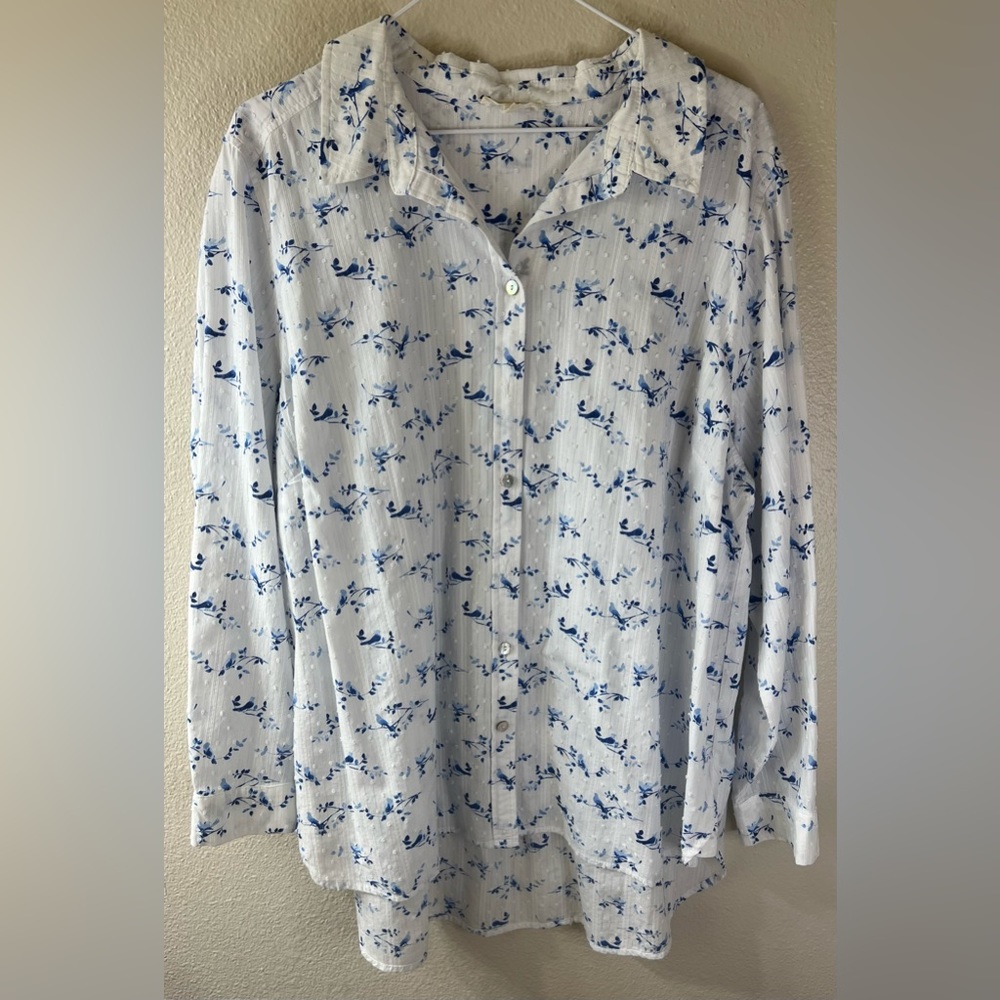 Jane And Delancey White with Blue Bird Textured Design Button Up Shirt Size 2X